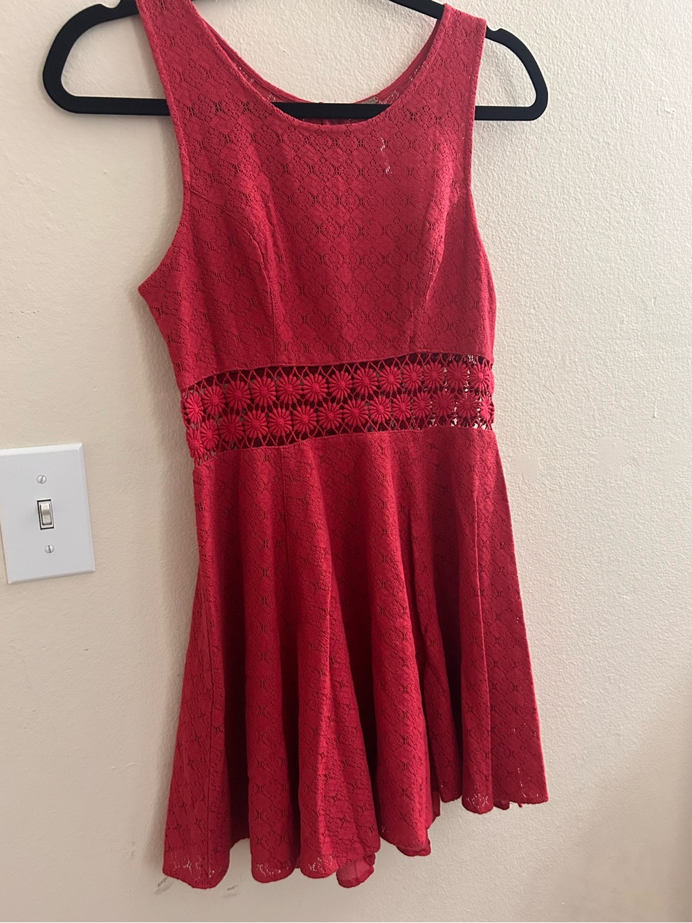 Free People Red Daisy Crochet Cut-Out Mini Dress, Size 4, Boho Lace